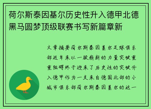 荷尔斯泰因基尔历史性升入德甲北德黑马圆梦顶级联赛书写新篇章新 荷尔斯泰因基尔历史性升入德甲北德黑马圆梦顶级联赛书写新篇章新